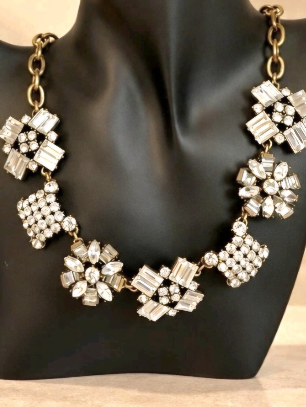 J Crew Rhinestone & Antique GoldtoneStatement Necklace